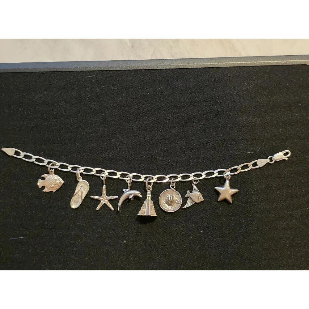 Sterling Silver Mexico Charm Bracelet With Ocean & Travel-Themed Charms‎